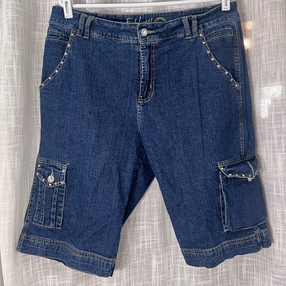 Y2K RHINESTONE BEDAZZLED Ethyl Jorts Bermuda Denim Jean Shorts Size 14